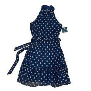 Navy and gold Polka dot dress with slip and tie belt